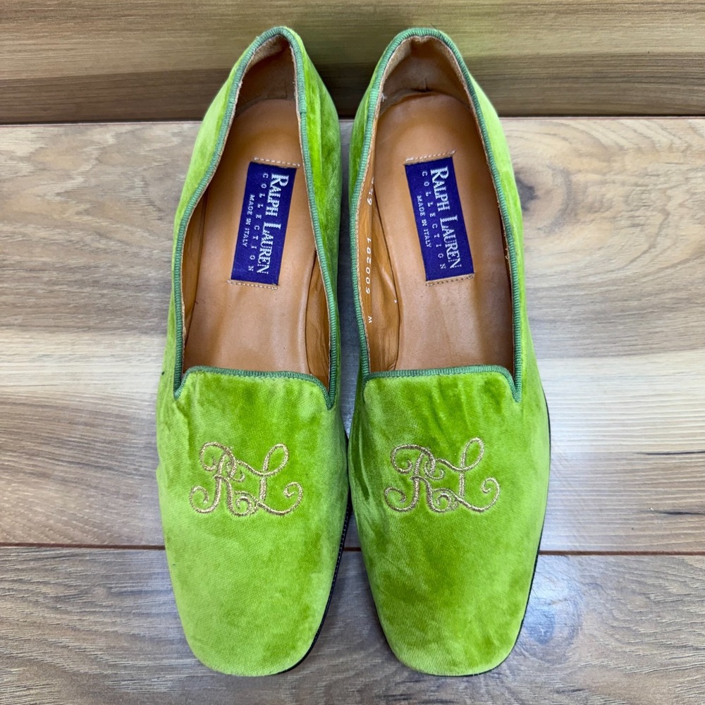 Ralph Lauren Collection Smoking Loafers Womens 6.5 B Vintage 90s Green Velvet